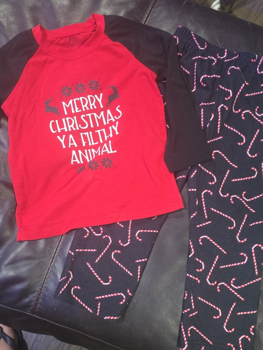 PatPat Red and Black Christmas Pajama Set with Candy Cane Print